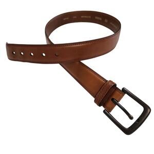 Fossil Mens Cognac Brown 1.5" W Genuine Leather Belt with Antique Gold Buckle 36